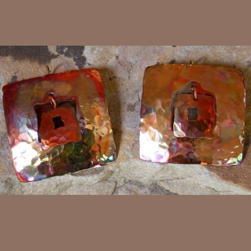 EC-151 Earrings, Hand Hammered Copper, Open Square $156 at Hunter Wolff Gallery